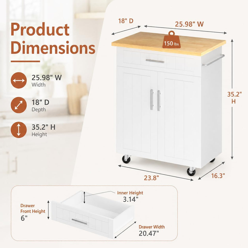 Rolling White Kitchen Island Cart