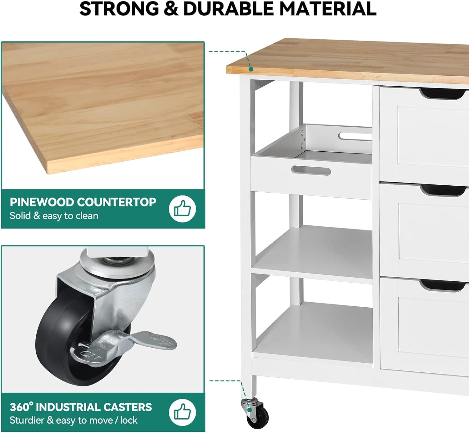 Rolling Wood Kitchen Island Cart Oak White