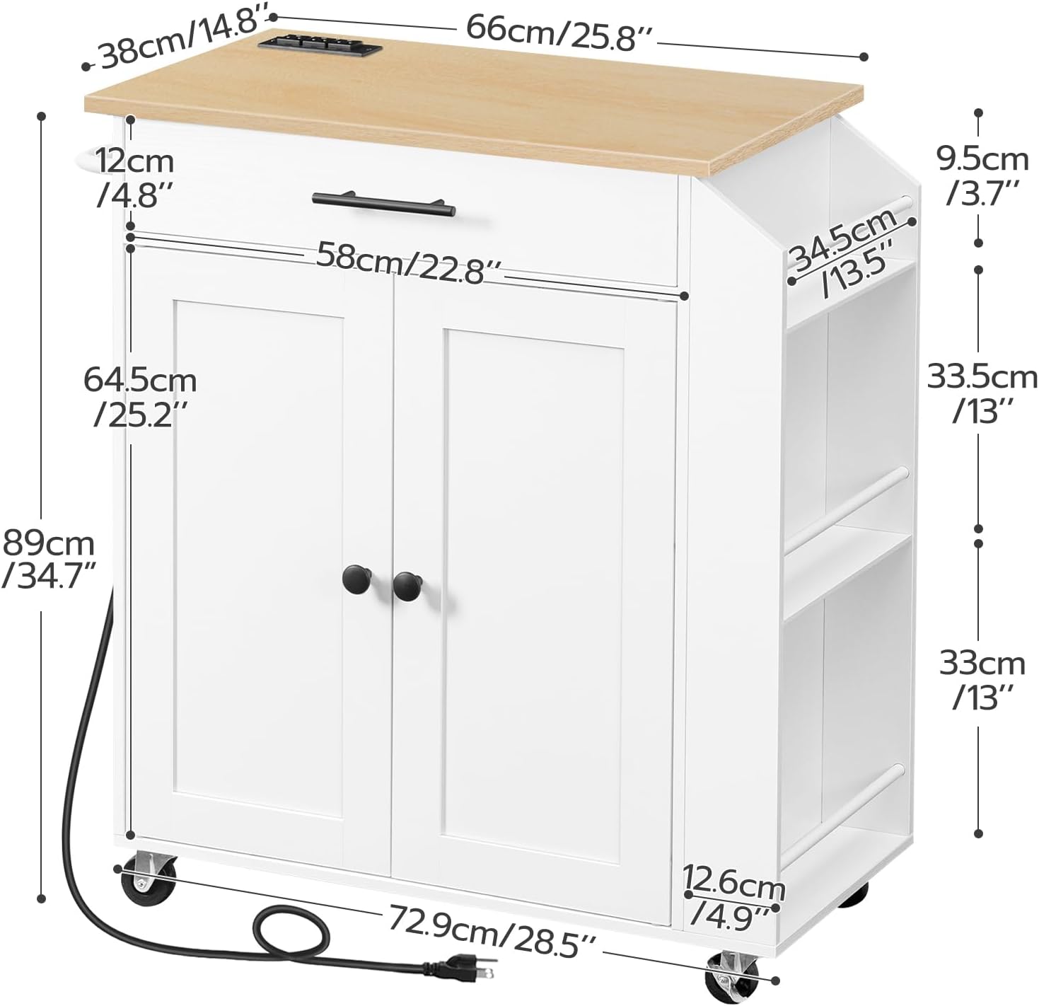 Natural White Rolling Kitchen Island Cart