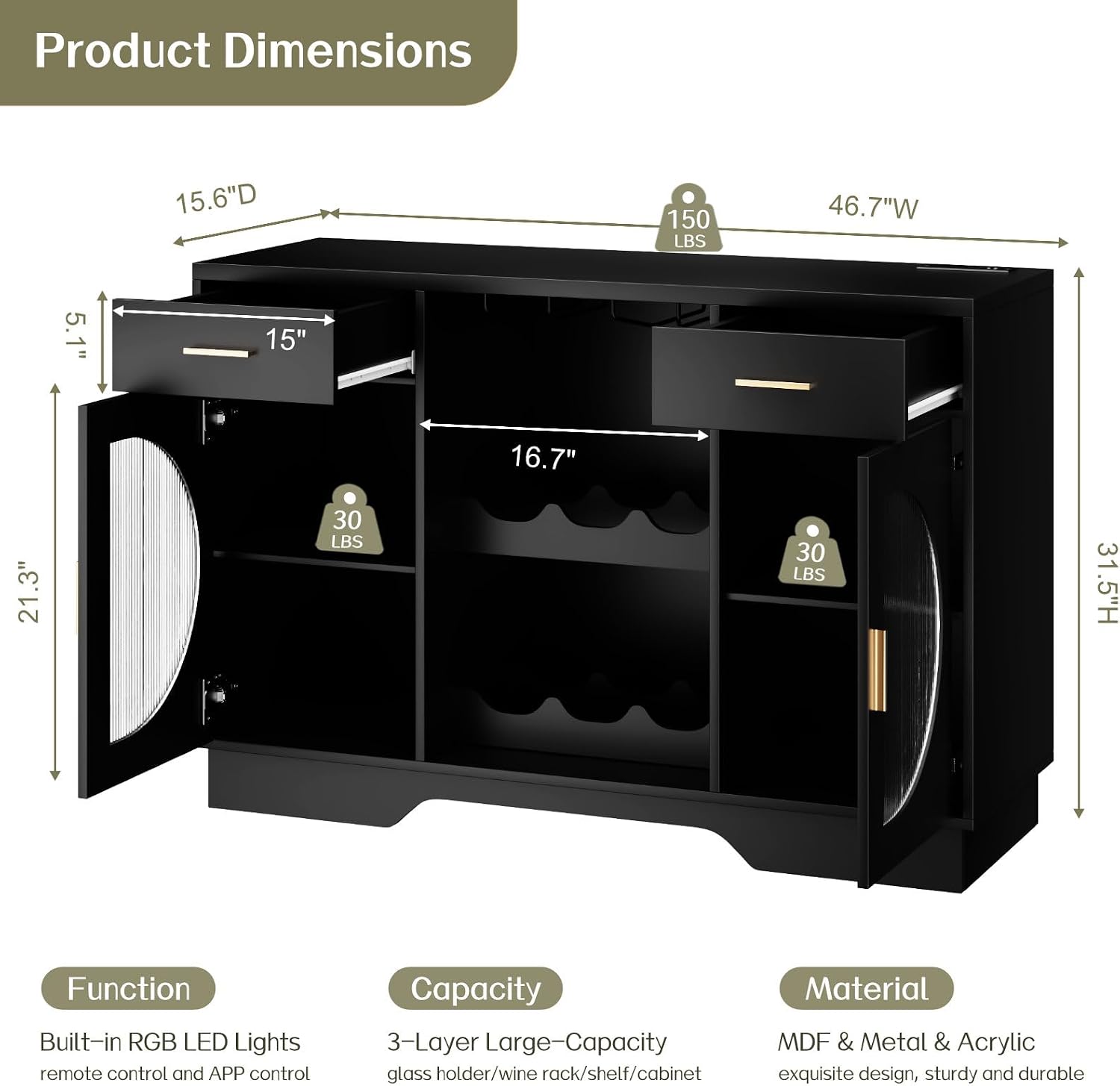 Black LED Power Wine Bar Cabinet