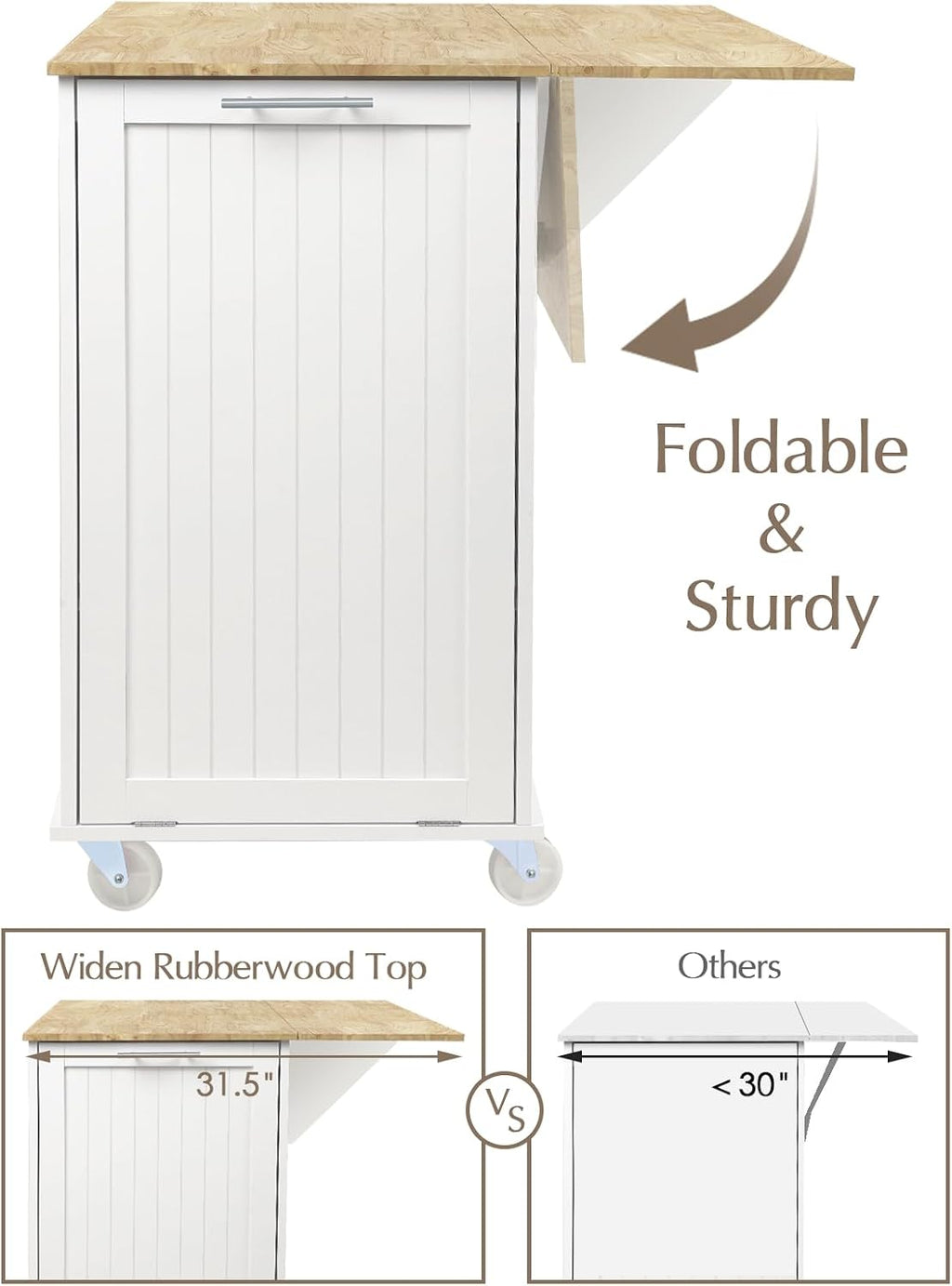 White Rolling Wood Top Kitchen Cart