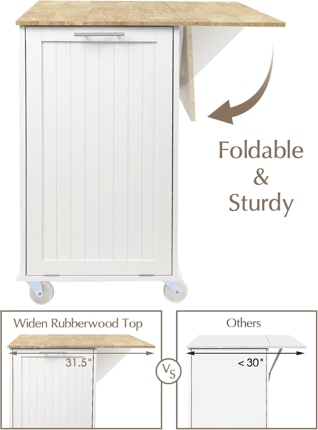 White Rolling Wood Top Kitchen Cart