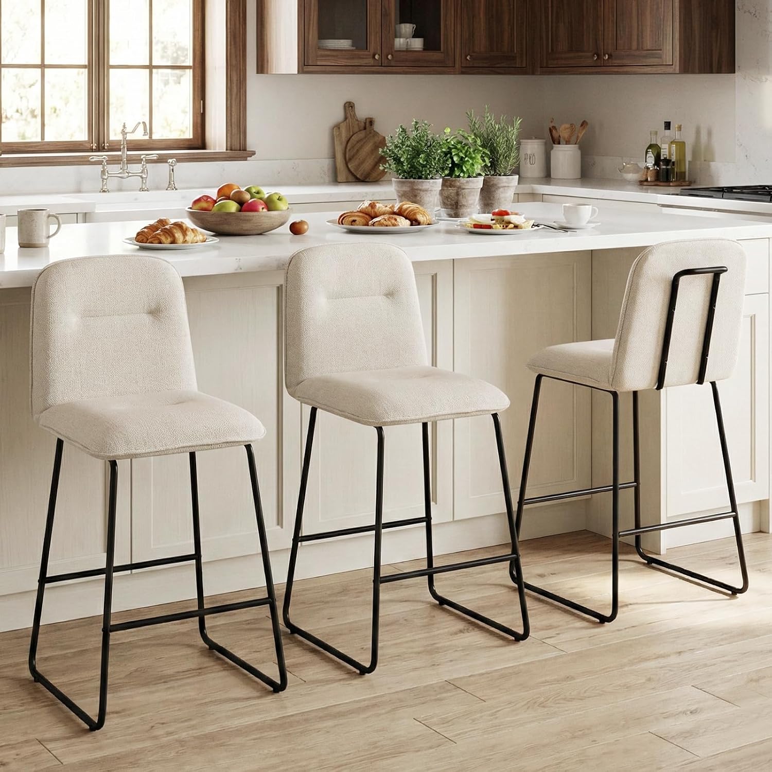 Beige Metal Counter Bar Stools Set