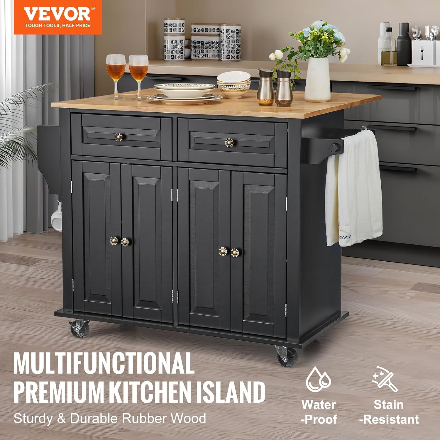 Black Wood Top Kitchen Island Cart