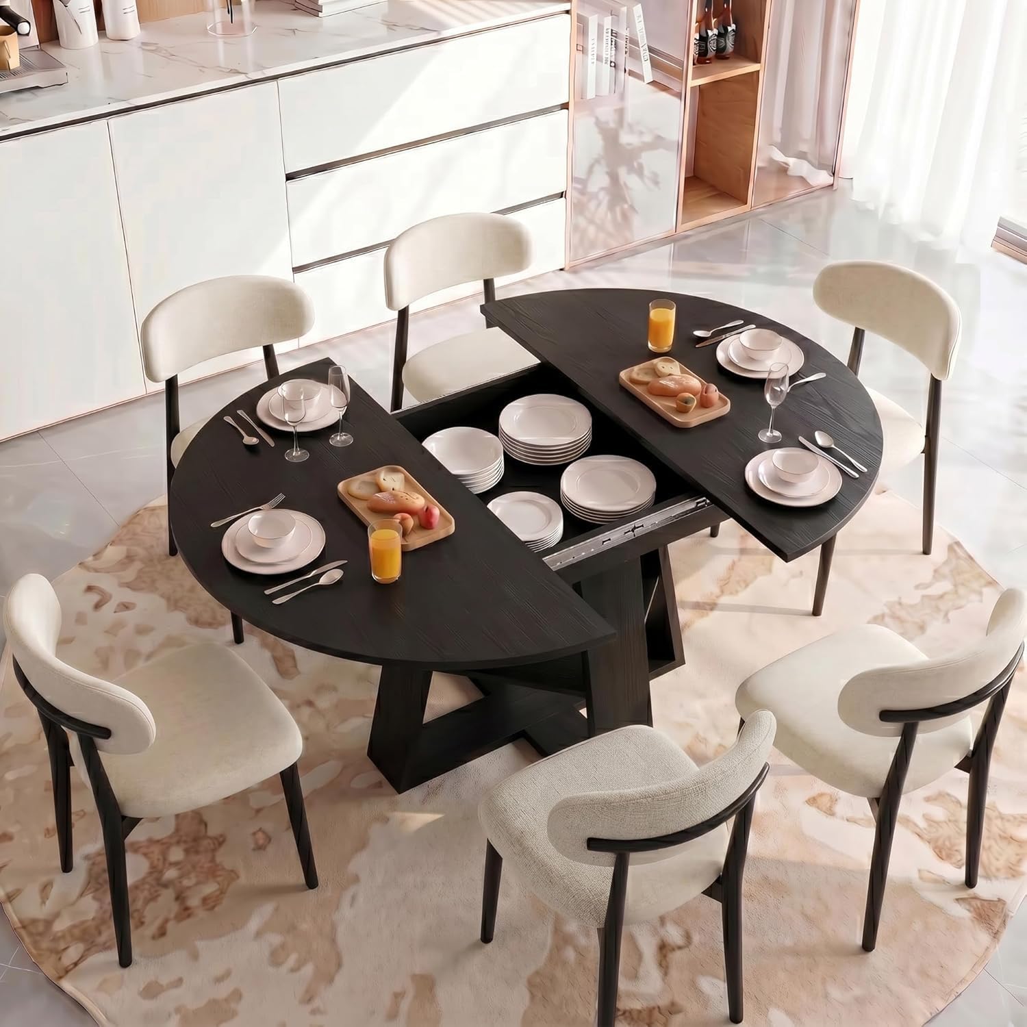 Black Extendable Oval 7 Piece Storage Dining Set