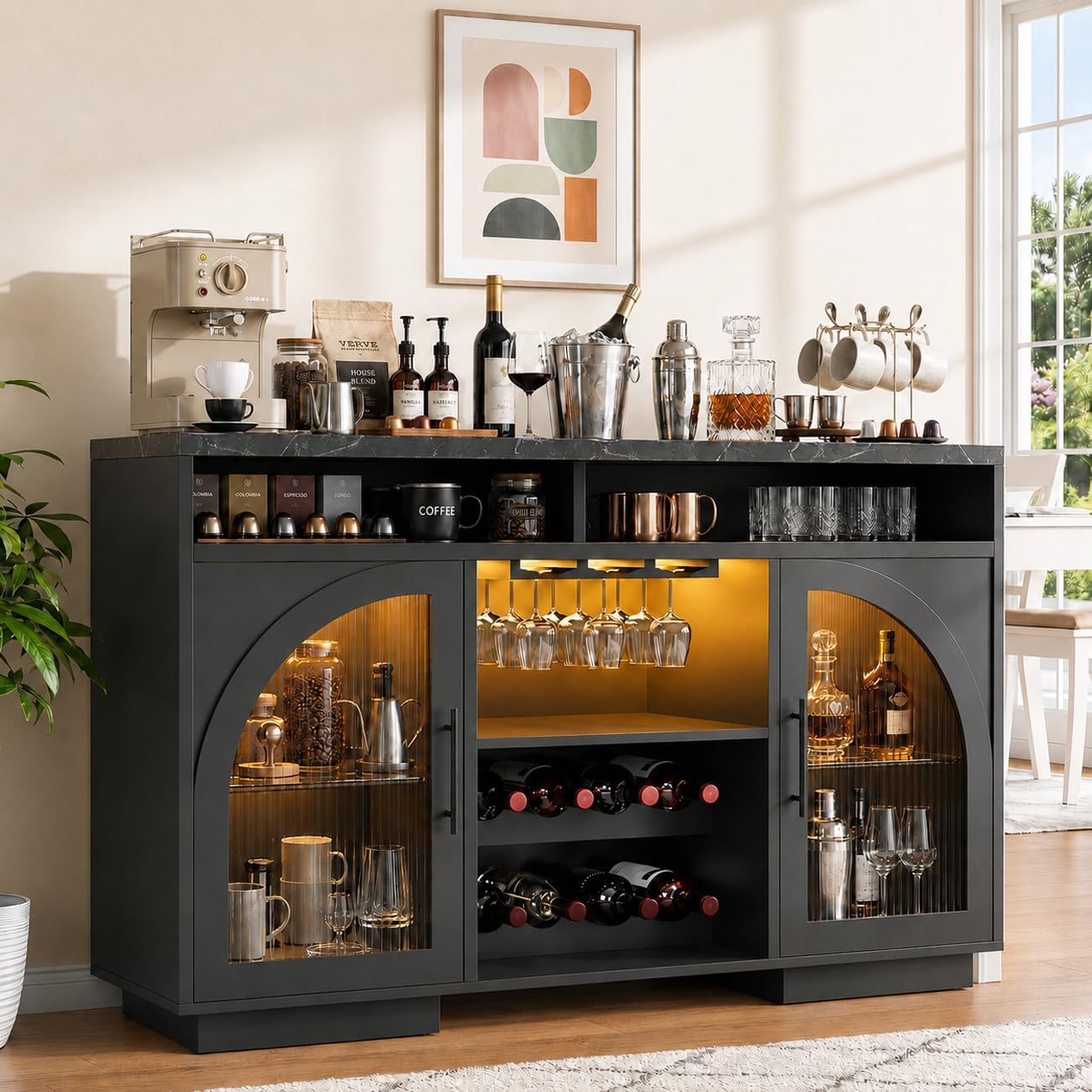 Black Marble Top LED Wine Bar Cabinet