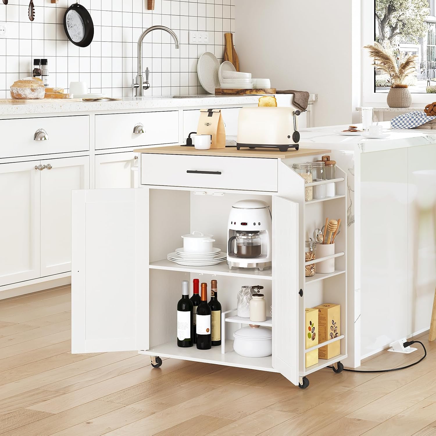 Natural White Rolling Kitchen Island Cart