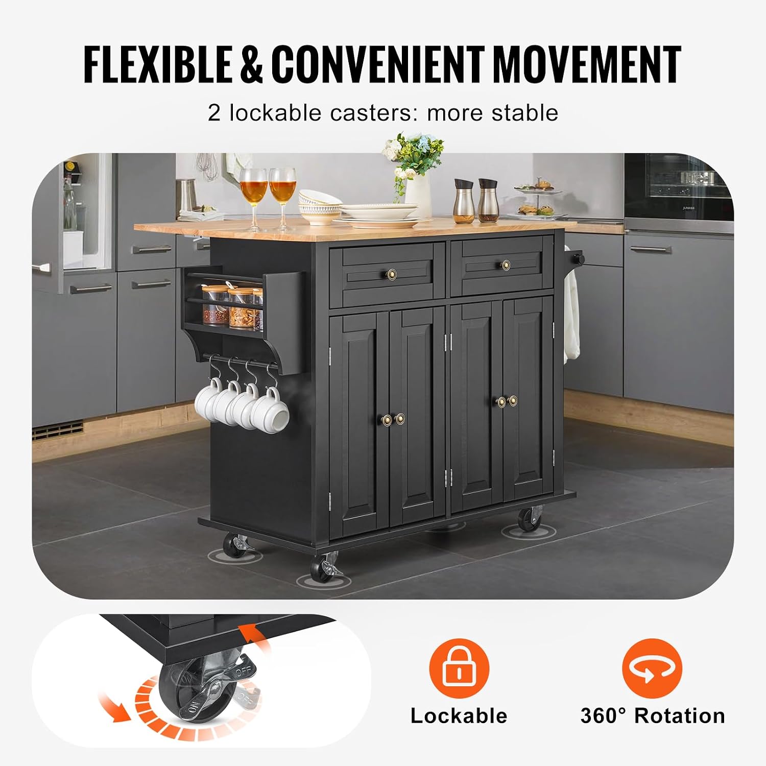 Black Wood Top Kitchen Island Cart