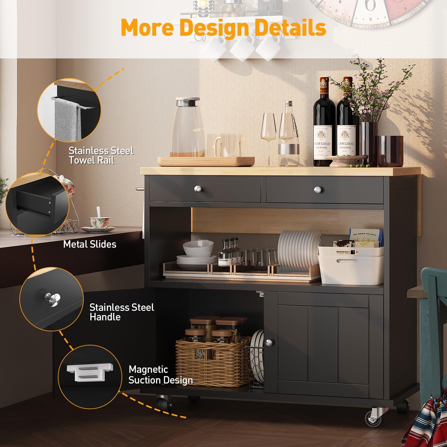 Black Rolling Kitchen Island Cart