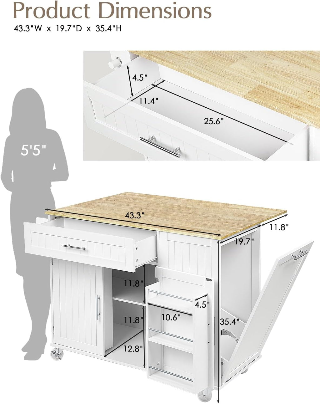 White Rolling Wood Top Kitchen Cart