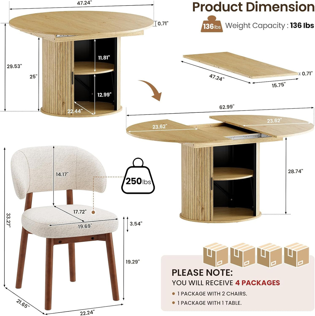 Natural Beige Fluted Extendable Storage Dining Set