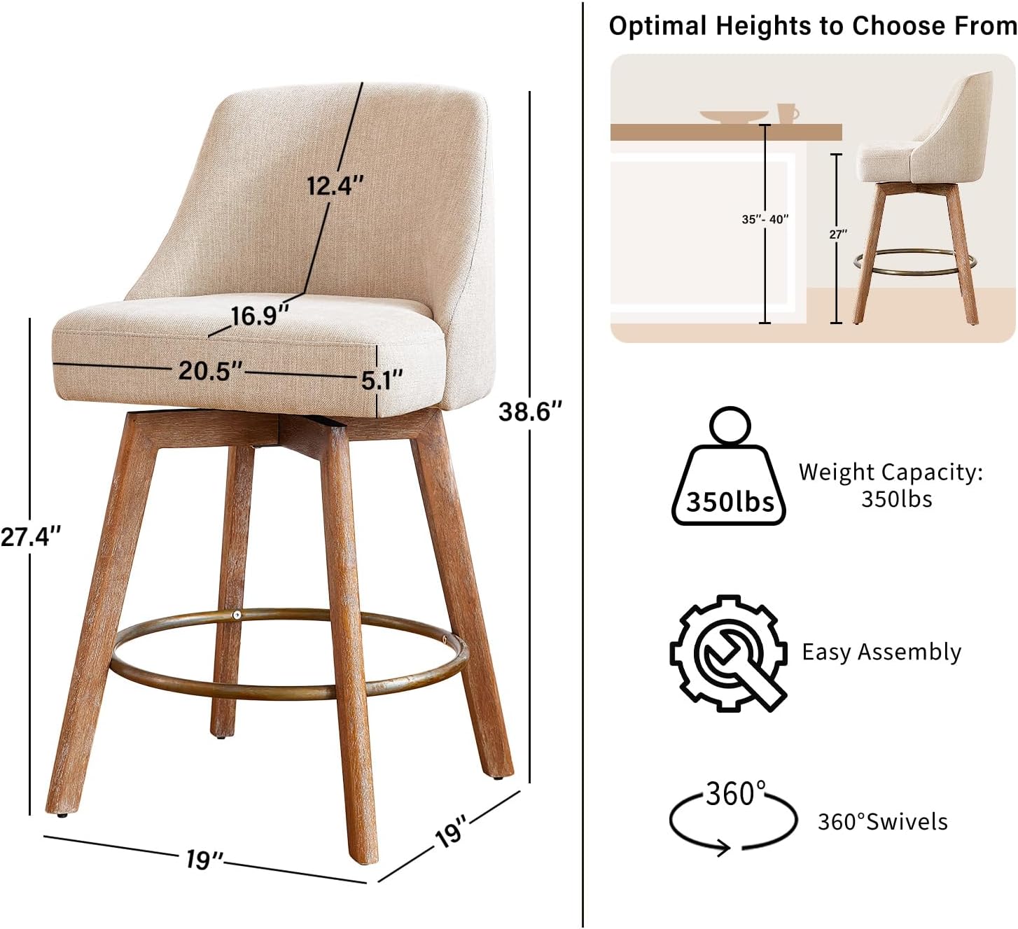 Sand Linen Wood Swivel Bar Stools Set