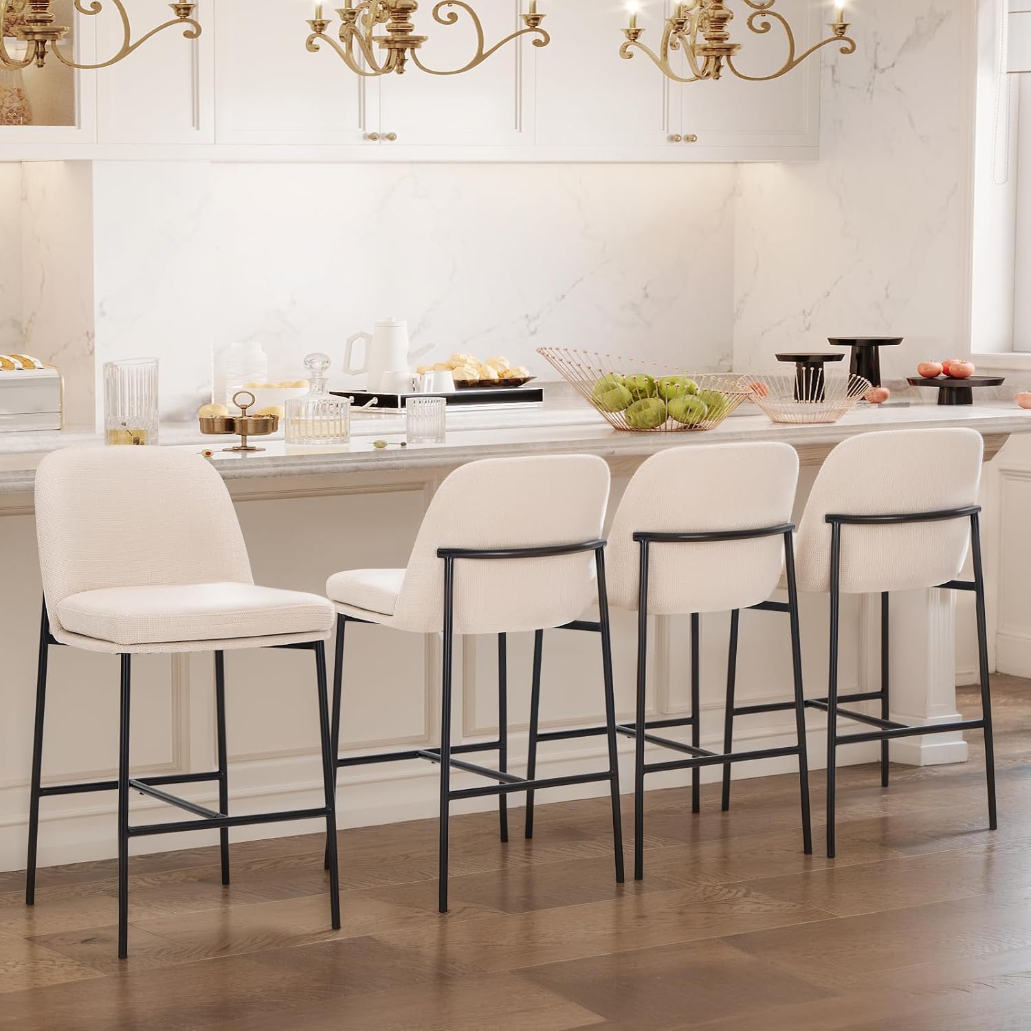 Beige Metal Counter Bar Stools Set