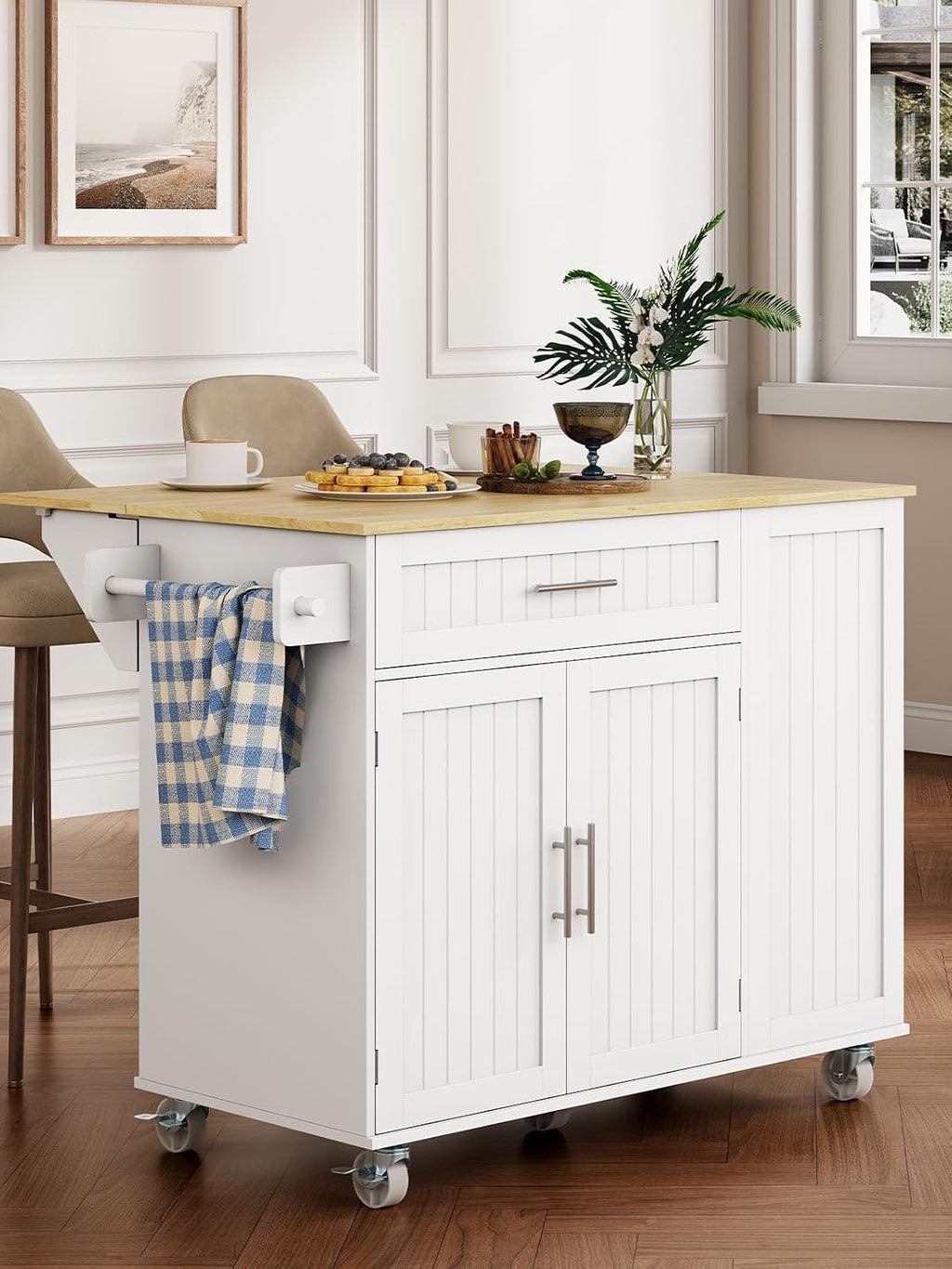 White Rolling Wood Top Kitchen Cart
