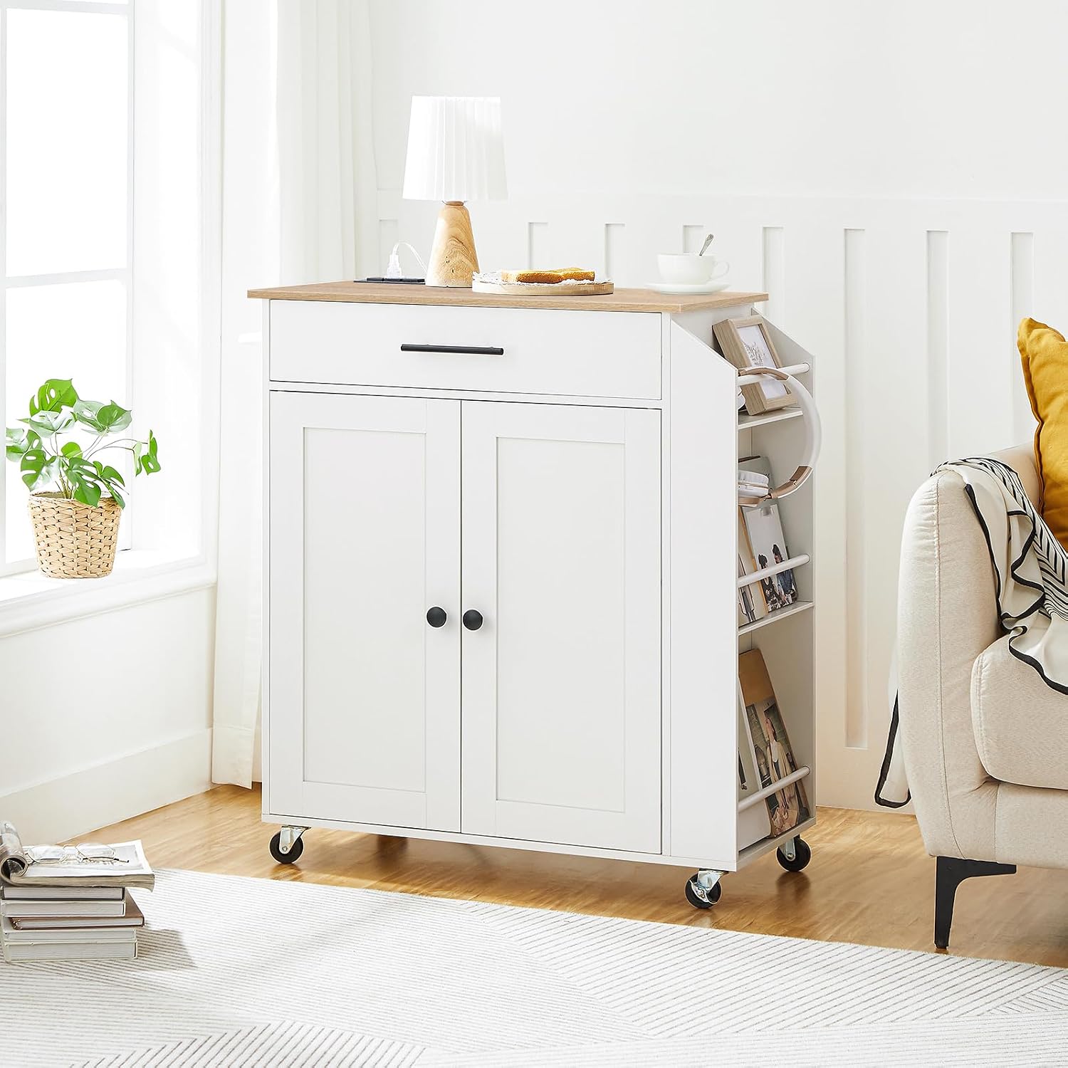 Natural White Rolling Kitchen Island Cart