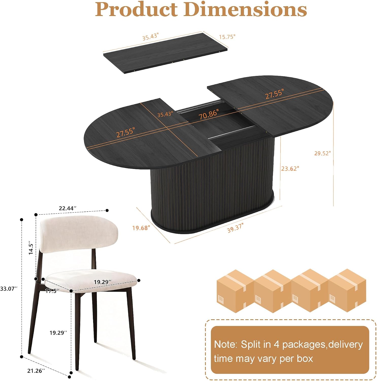 Black Mid Century Extendable Oval 7 Piece Fabric Dining Set