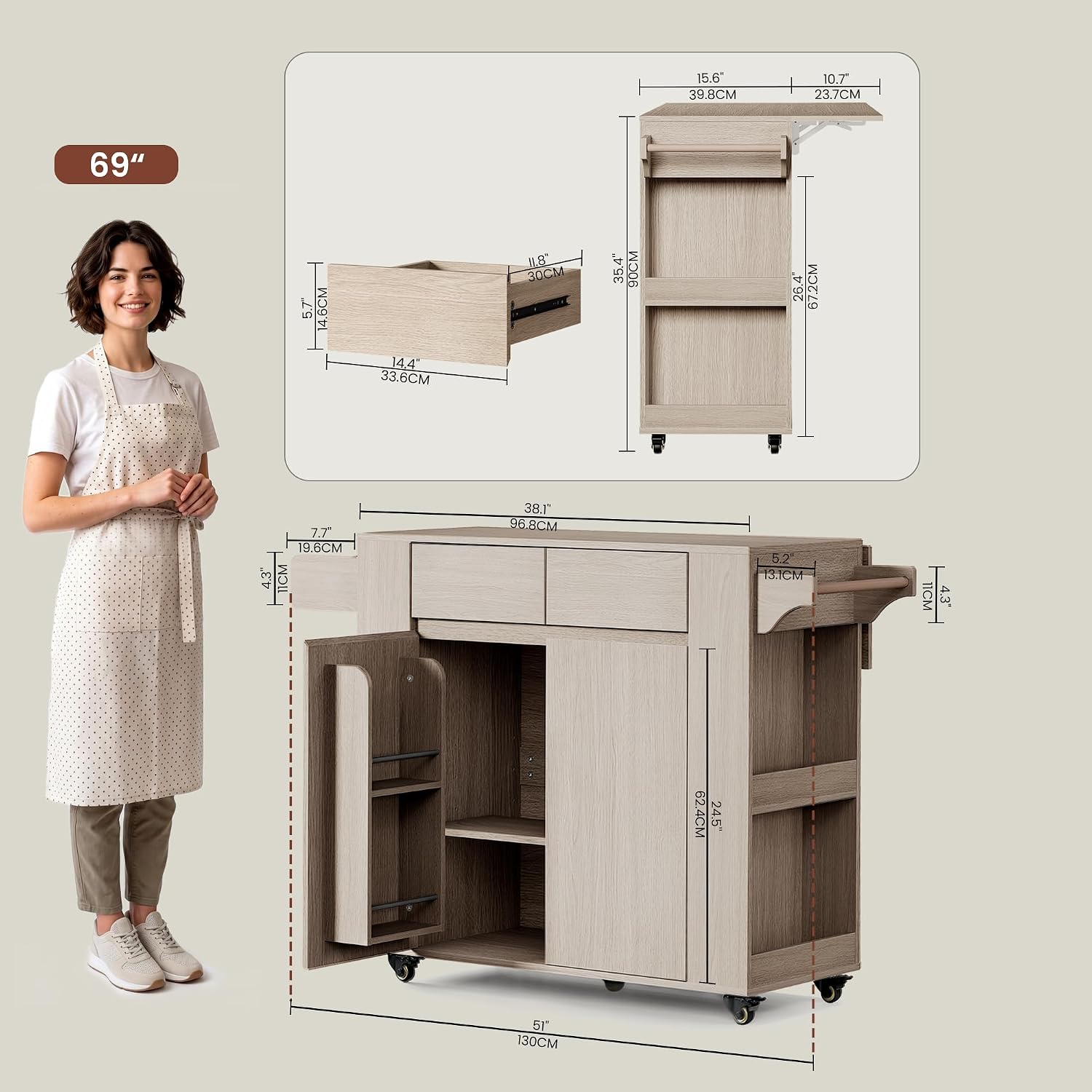White Oak Rolling Kitchen Island Cart
