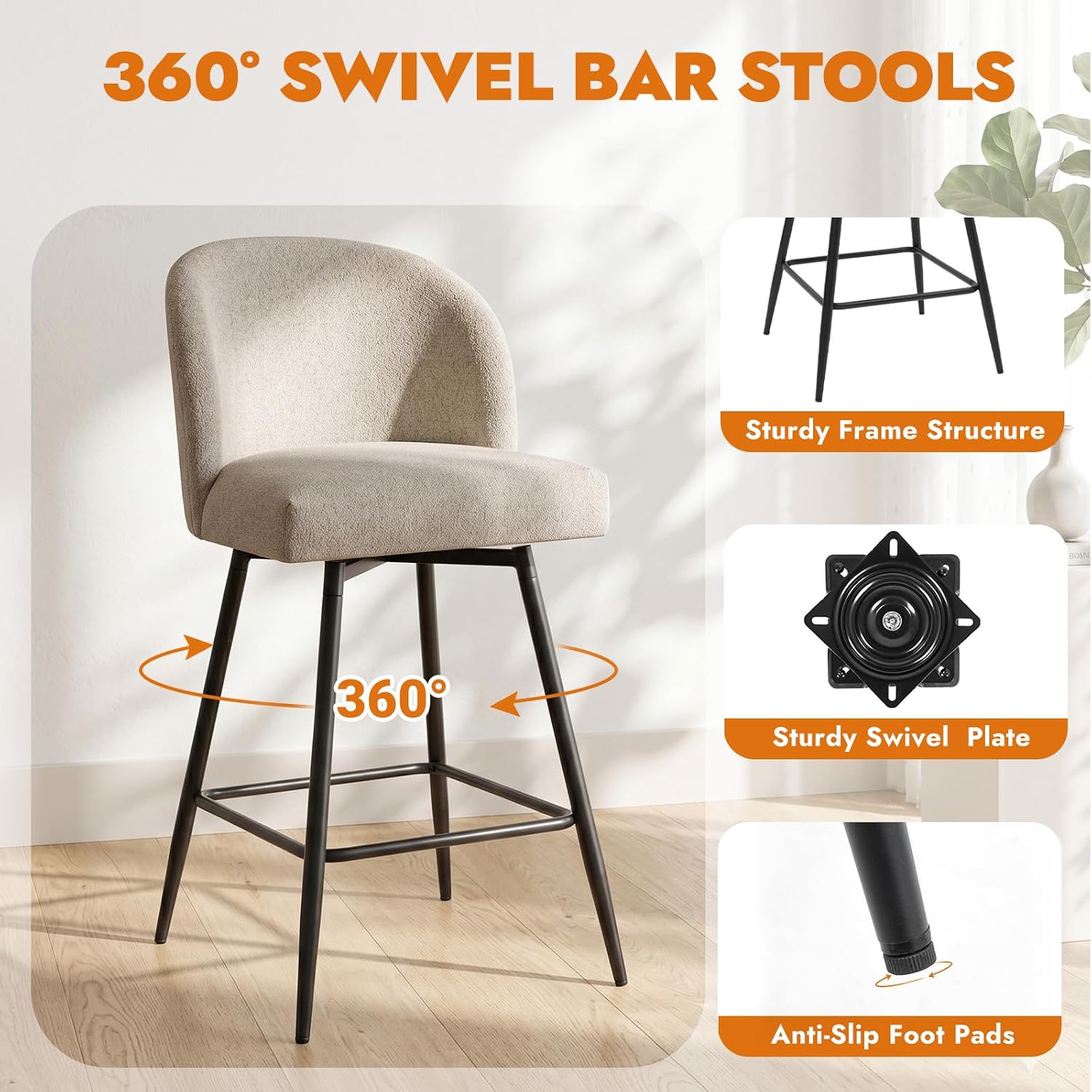 Reddish Sand Linen Swivel Bar Stools Set