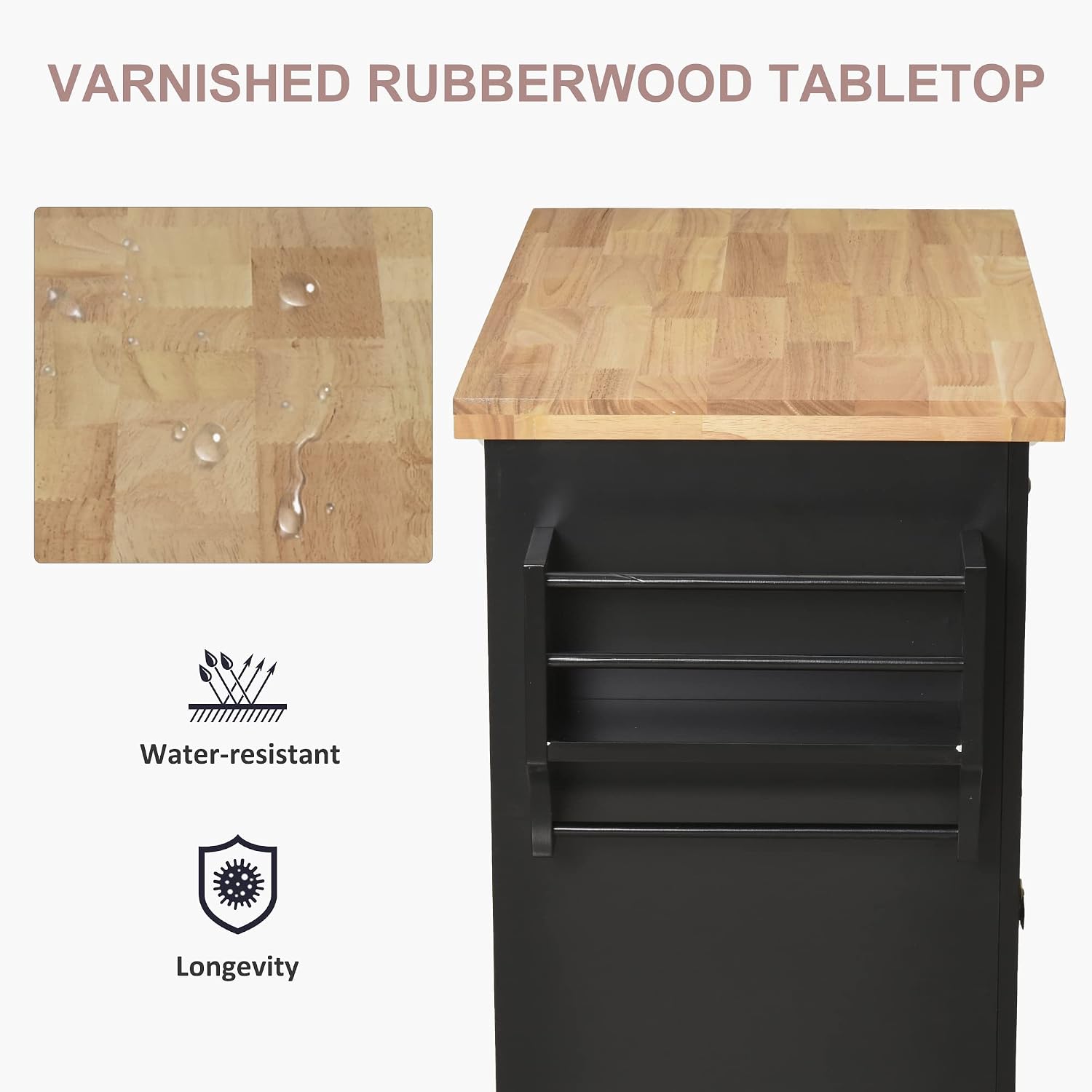 Black Rolling Wood Top Kitchen Cart