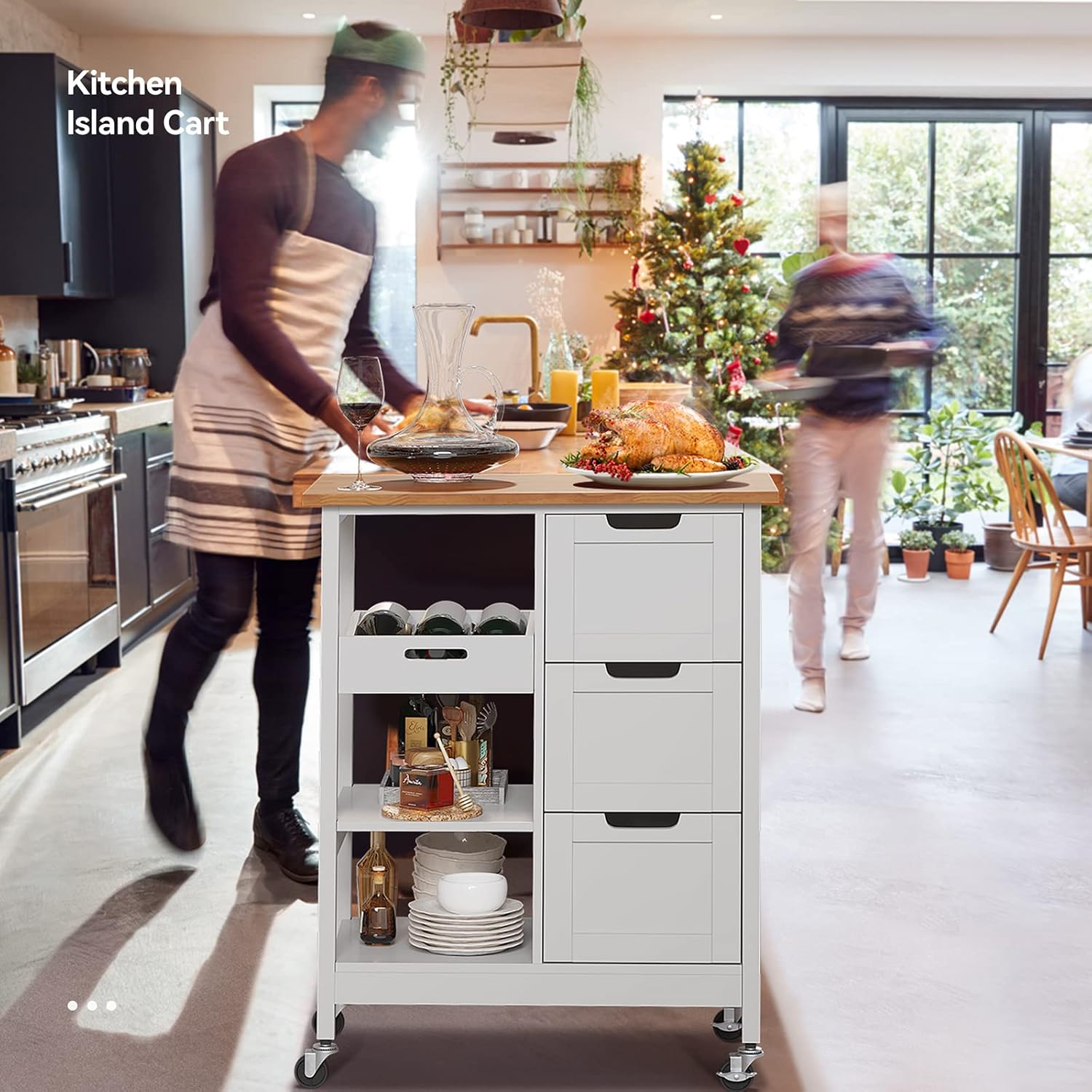 Rolling Wood Kitchen Island Cart Oak White