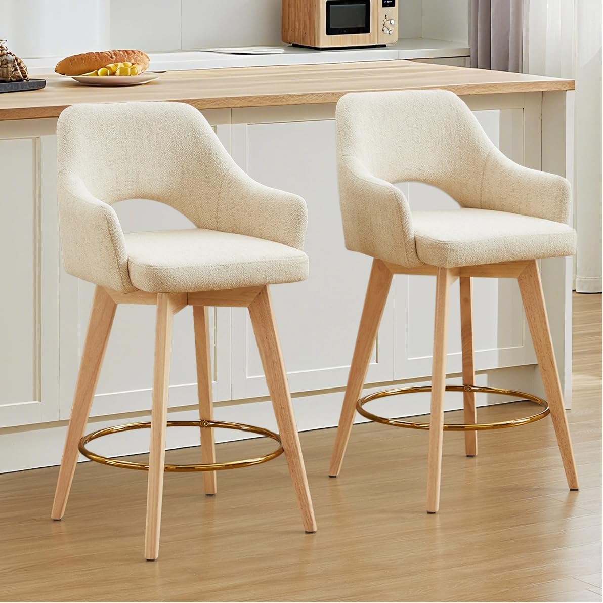 Beige Wood Swivel Bar Stools Set