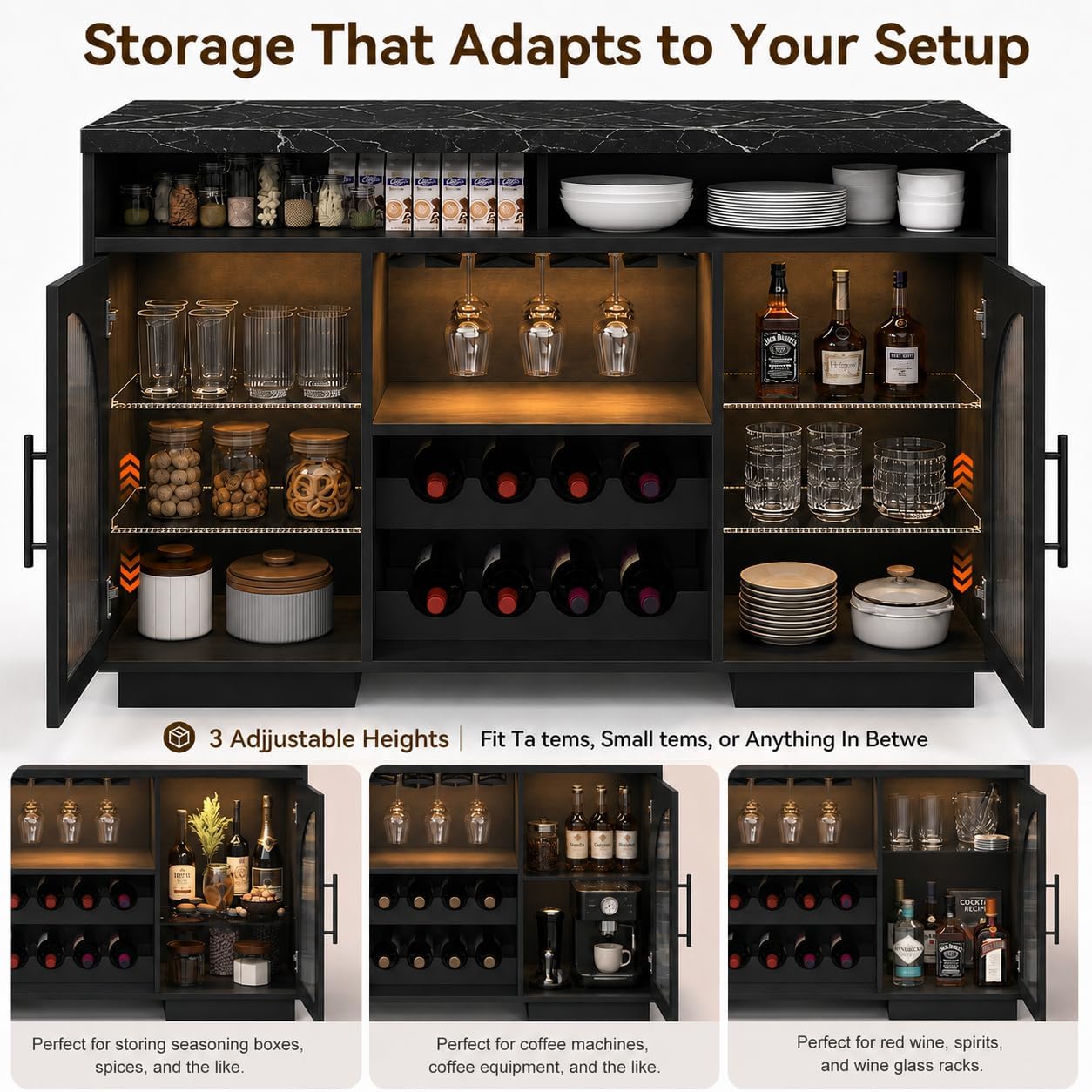 Black Marble Top LED Wine Bar Cabinet