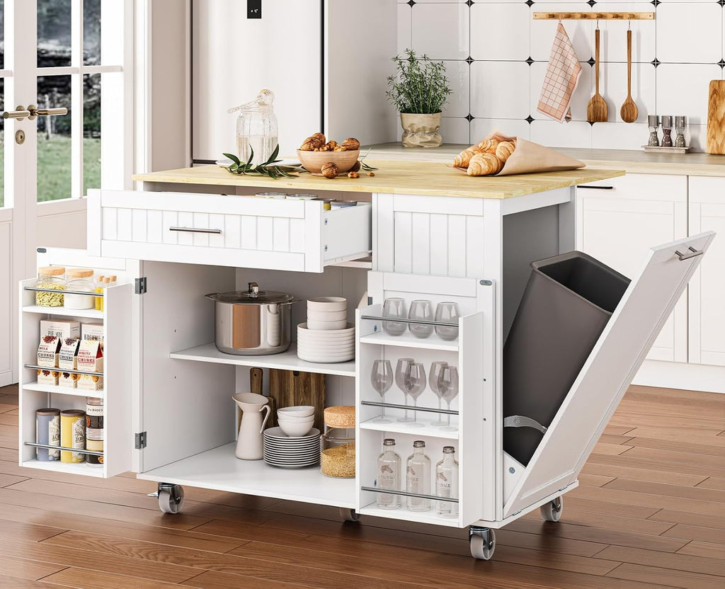 White Rolling Wood Top Kitchen Cart