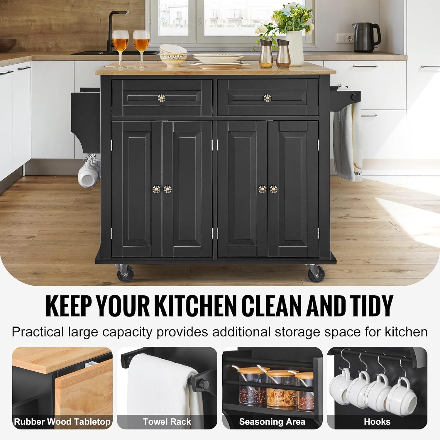 Black Wood Top Kitchen Island Cart