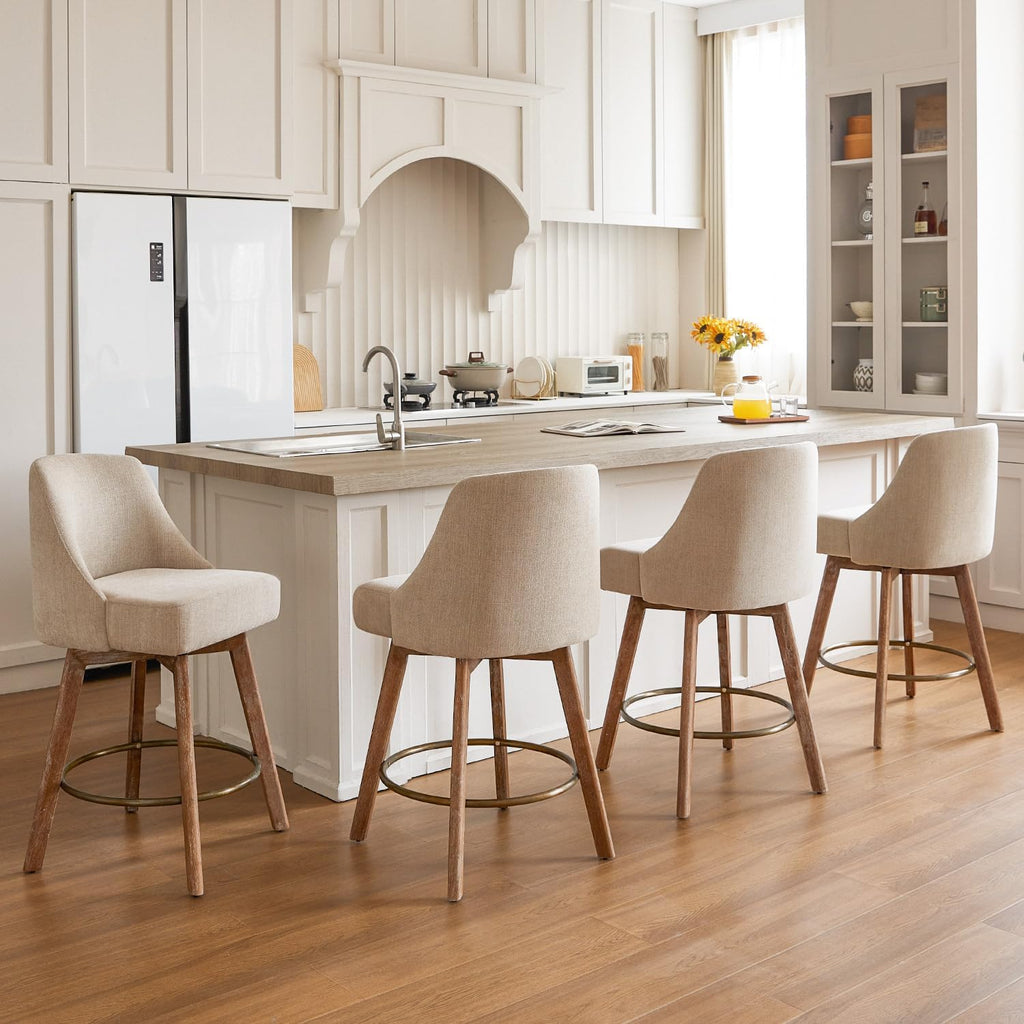 Sand Linen Wood Swivel Bar Stools Set