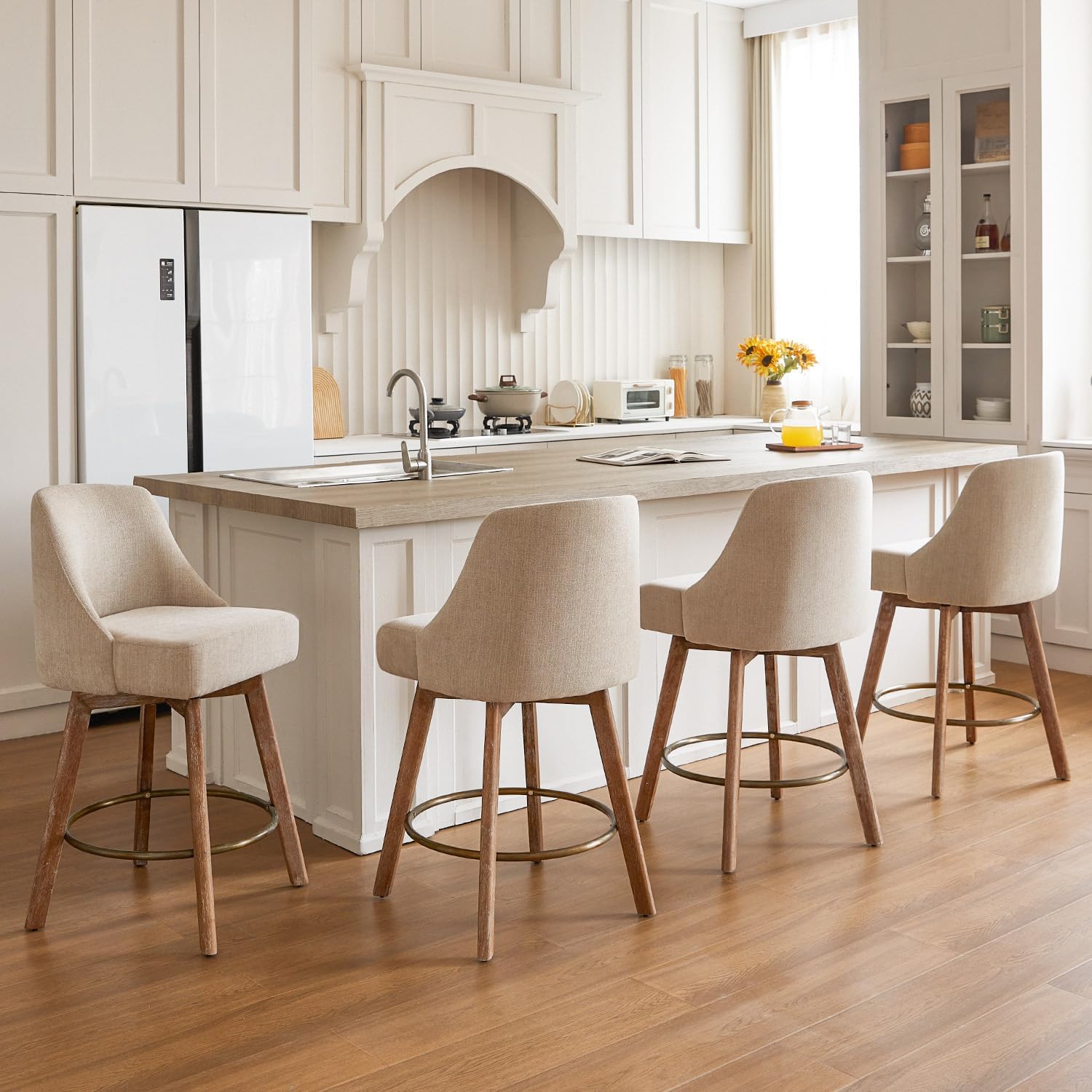 Sand Linen Wood Swivel Bar Stools Set