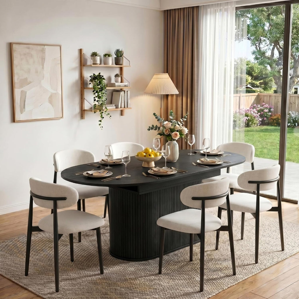 Black Mid Century Extendable Oval 7 Piece Fabric Dining Set