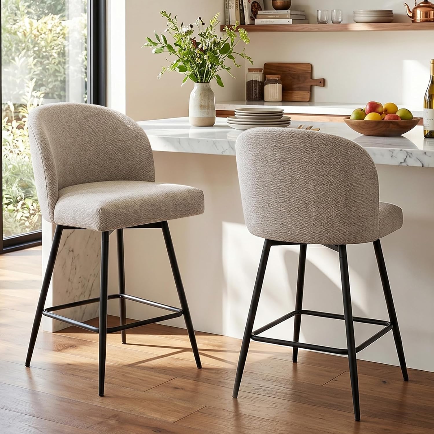 Reddish Sand Linen Swivel Bar Stools Set