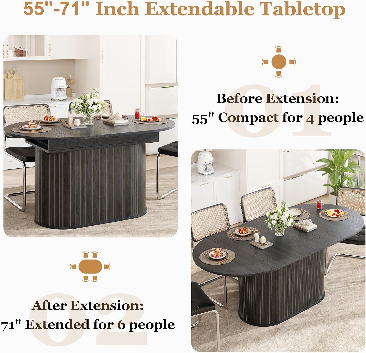 Black Mid Century Extendable Oval 7 Piece Fabric Dining Set