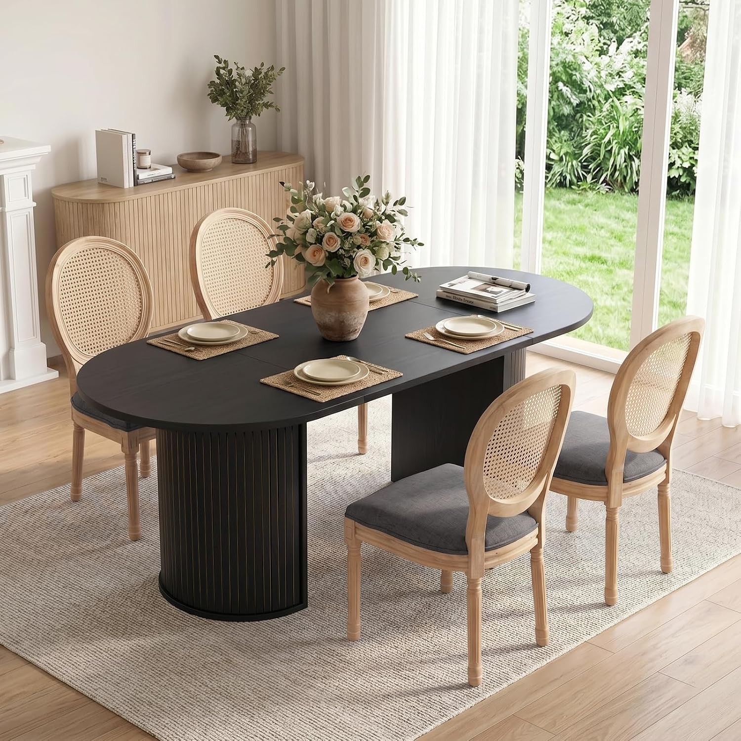 5 Piece Farmhouse Rattan Oval Dining Set
