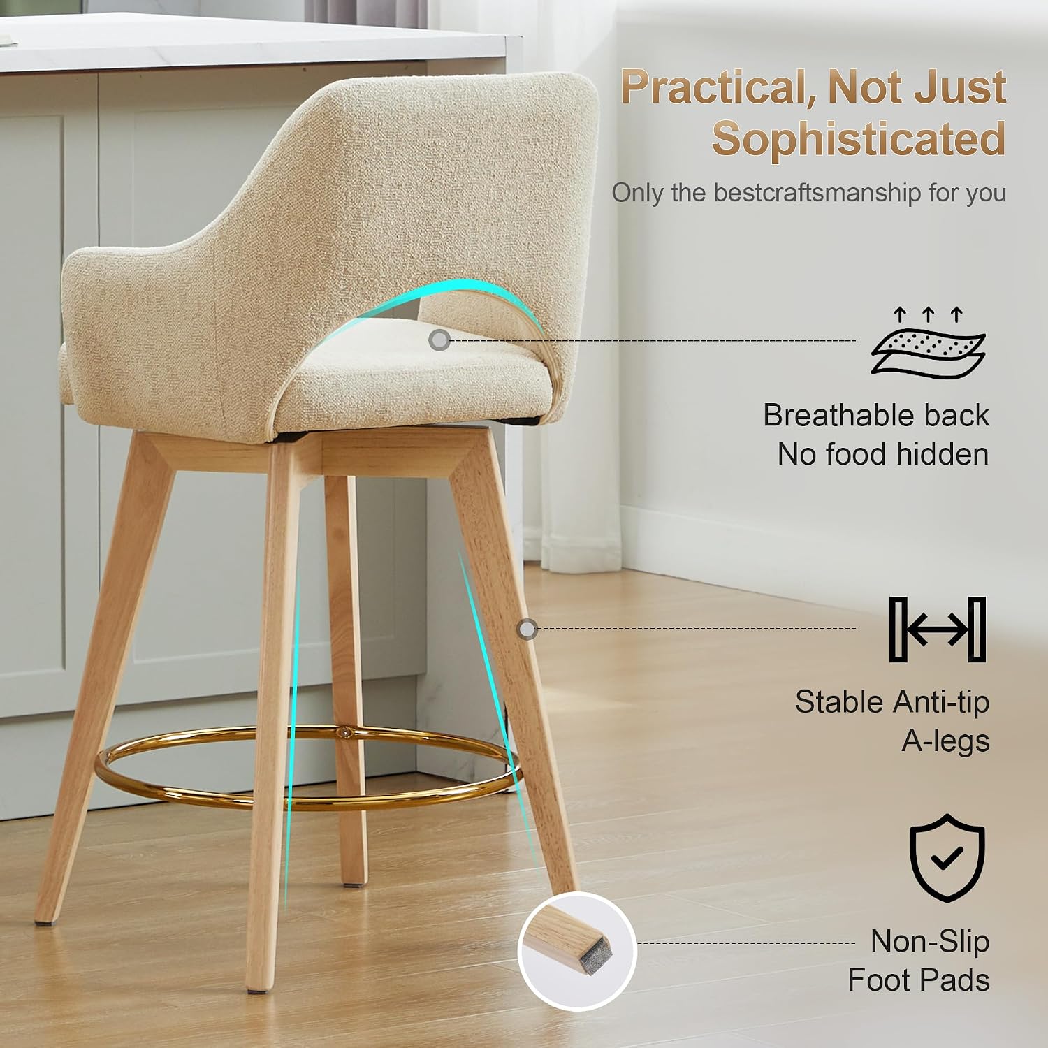 Beige Wood Swivel Bar Stools Set