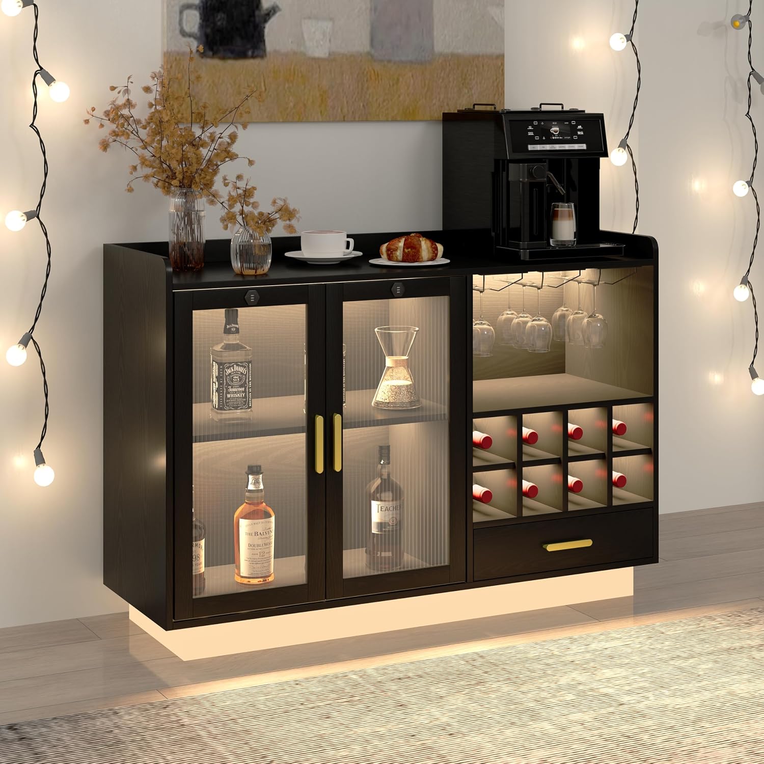 Black LED Power Wine Bar Cabinet