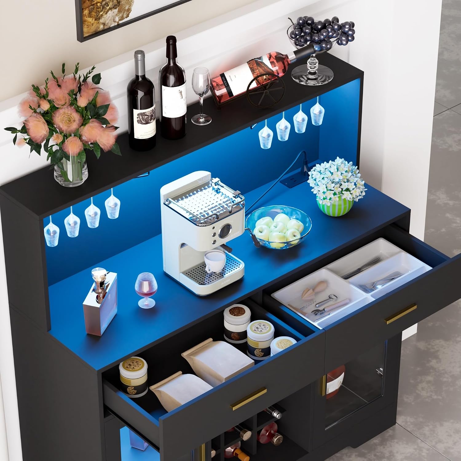 Black LED Power Wine Bar Cabinet