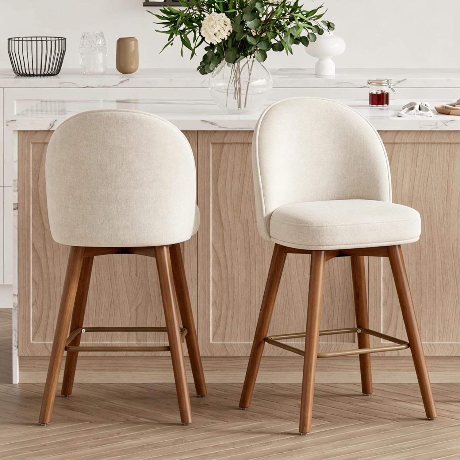 Cream Wood Swivel Bar Stools Set