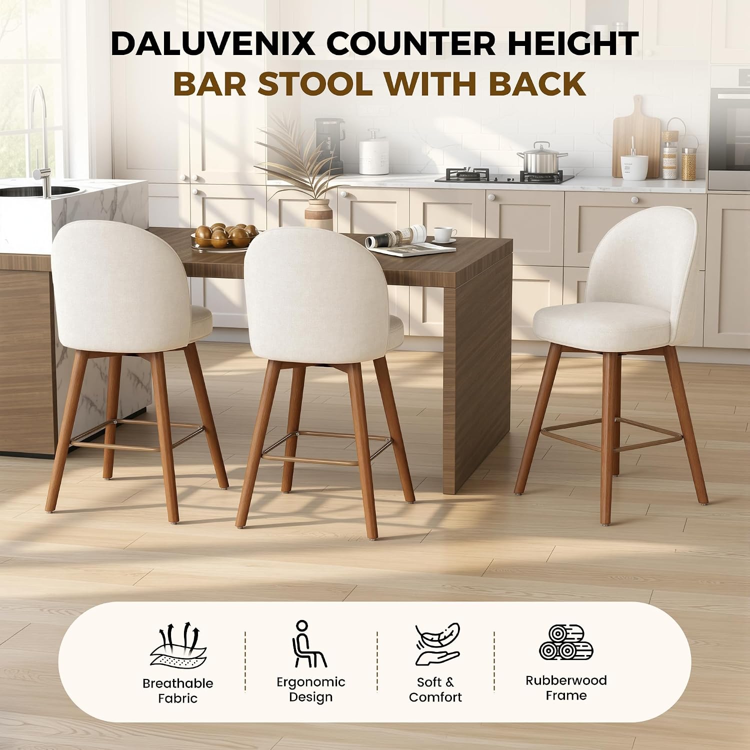 Cream Wood Swivel Bar Stools Set