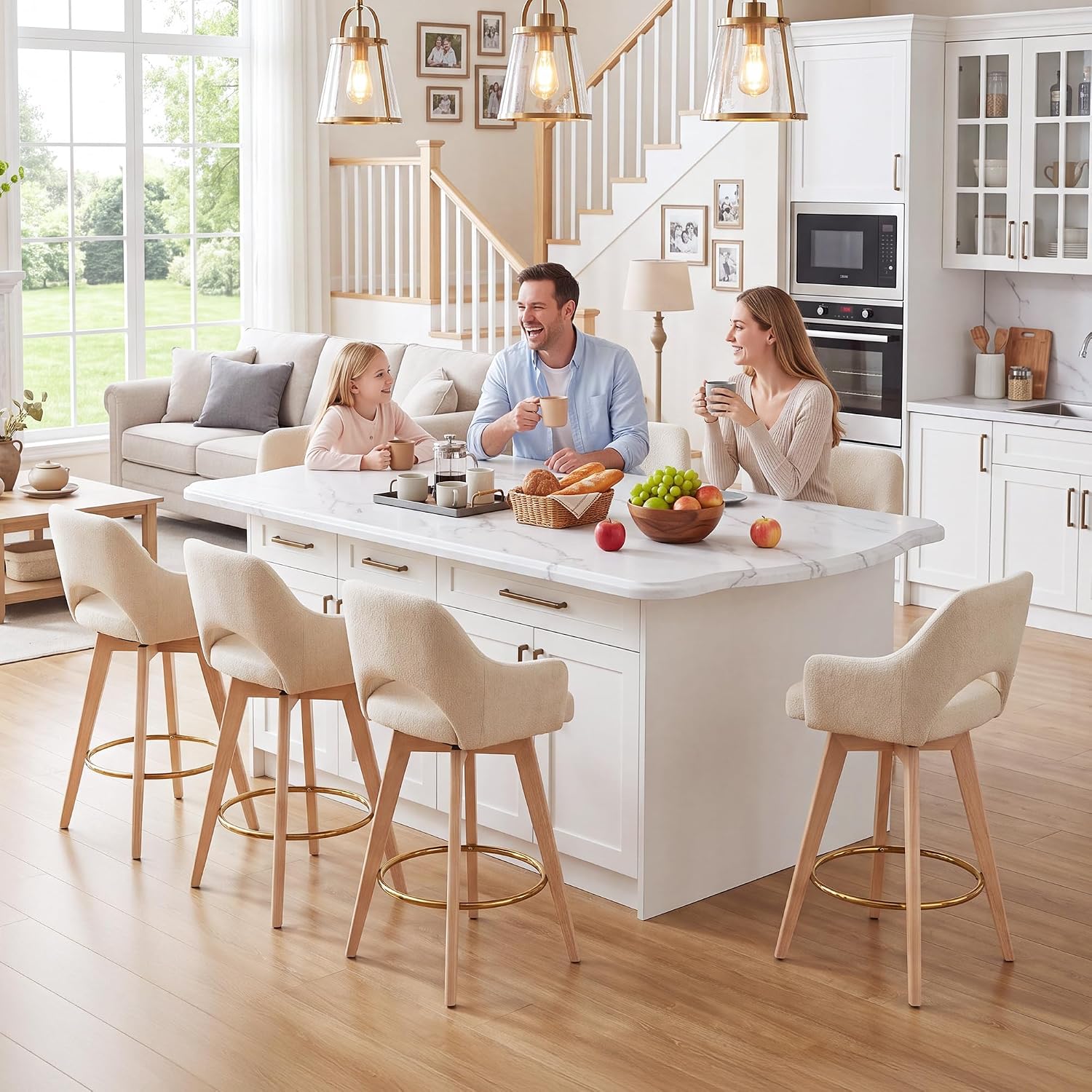 Beige Wood Swivel Bar Stools Set