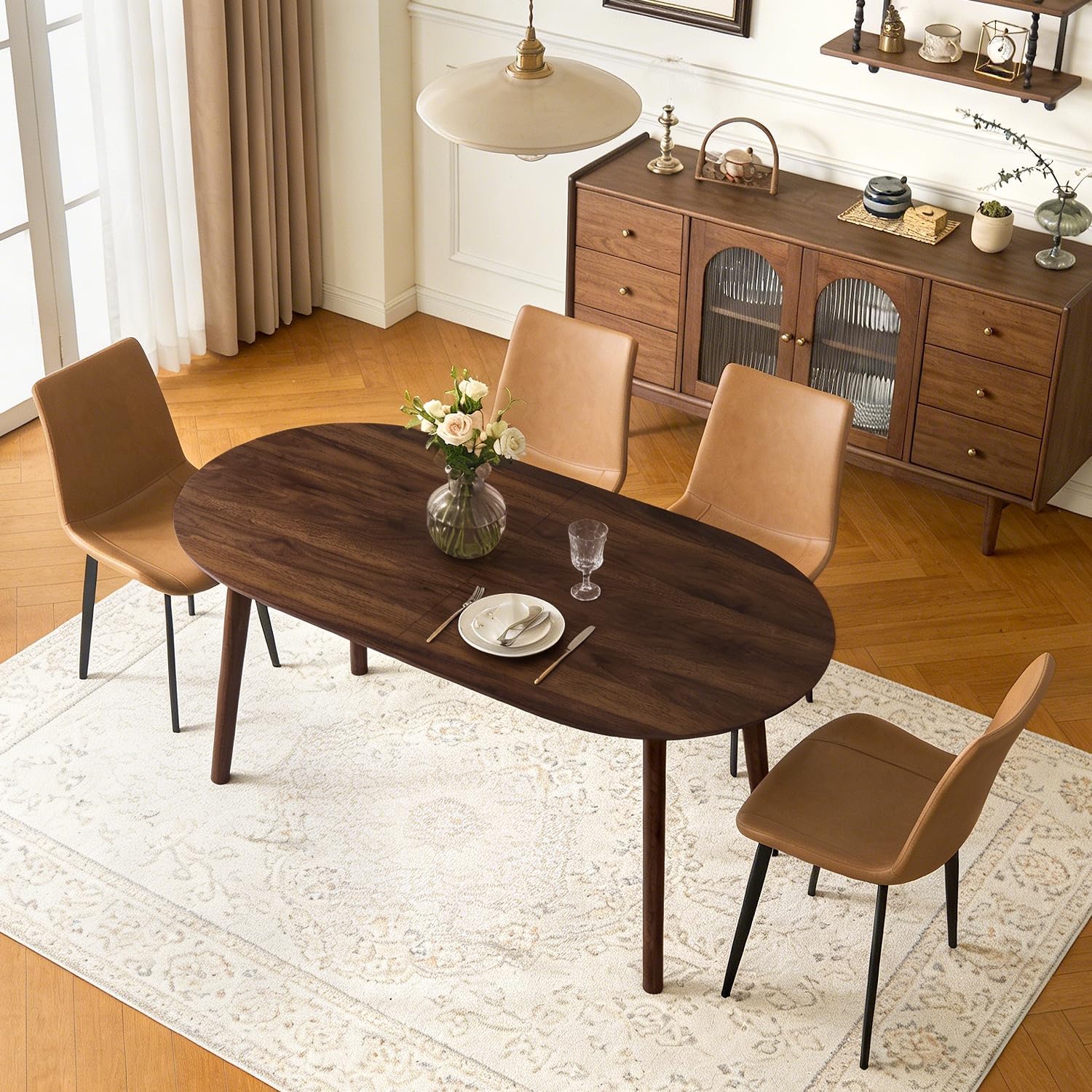 Walnut Oval 5 Piece PU Dining Set
