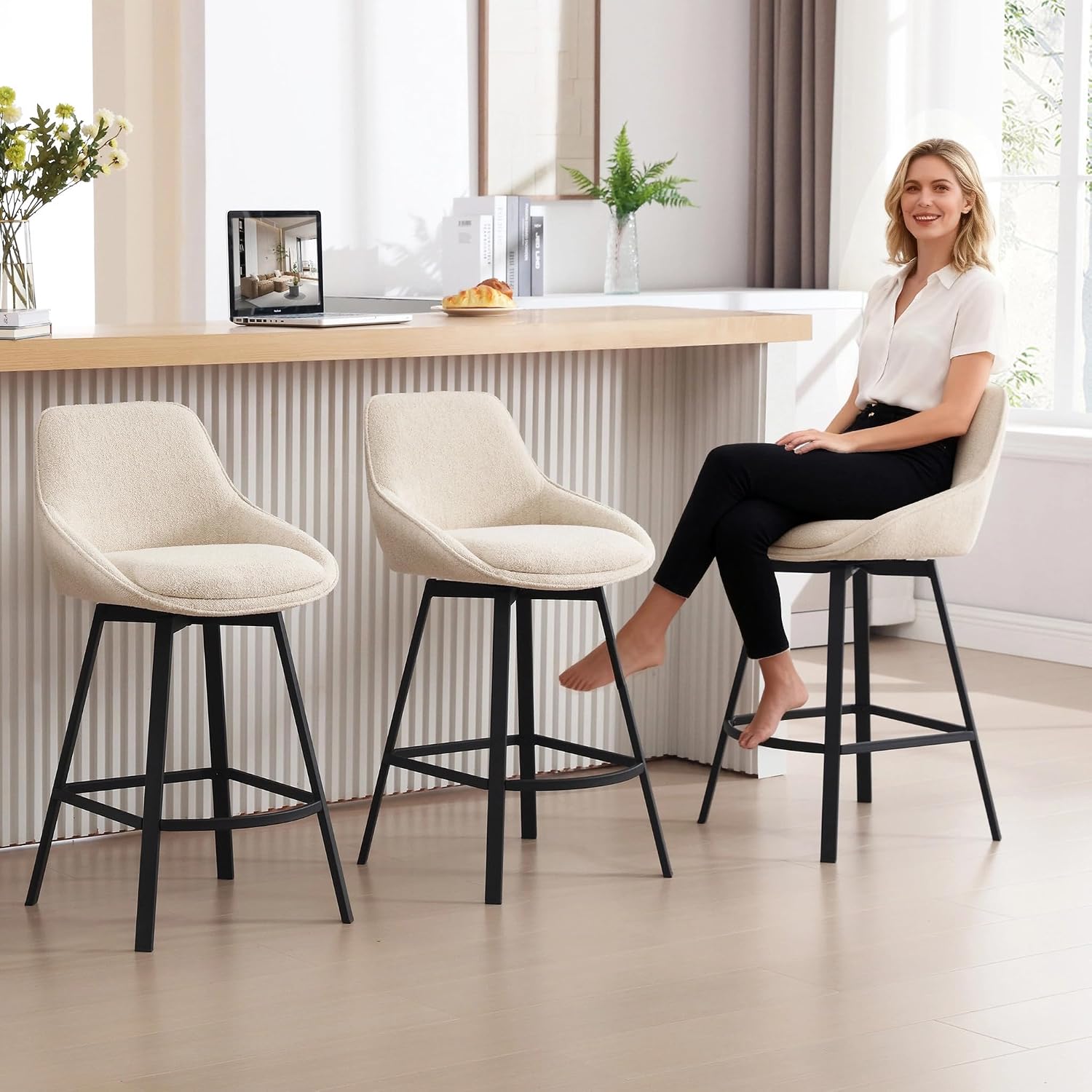 Beige Linen Swivel Bar Stools Set
