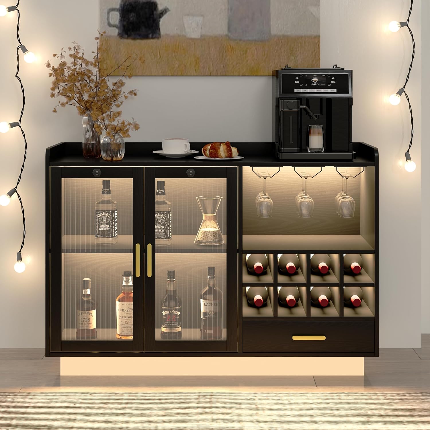 Black LED Power Wine Bar Cabinet