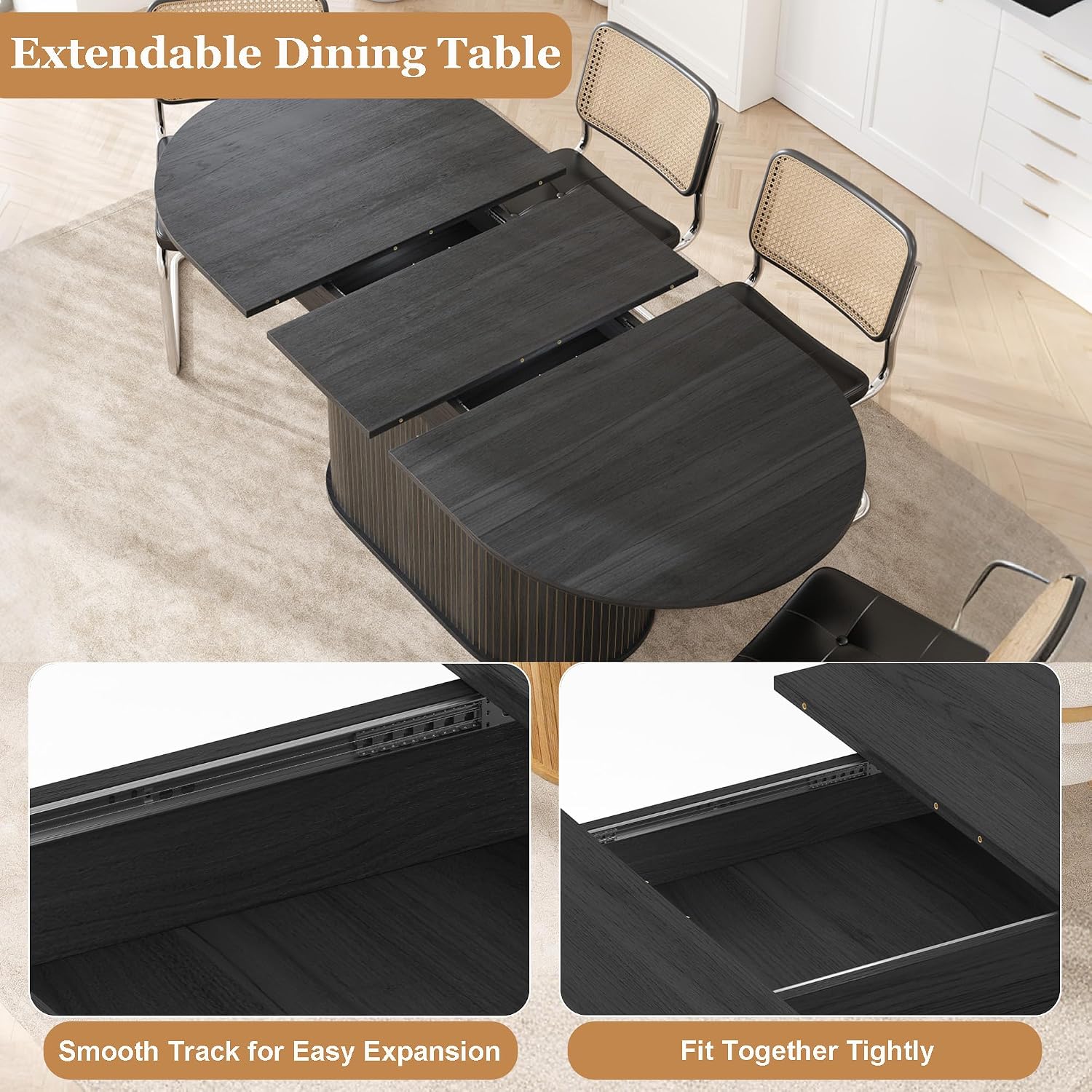 Black Mid Century Extendable Oval 7 Piece Fabric Dining Set