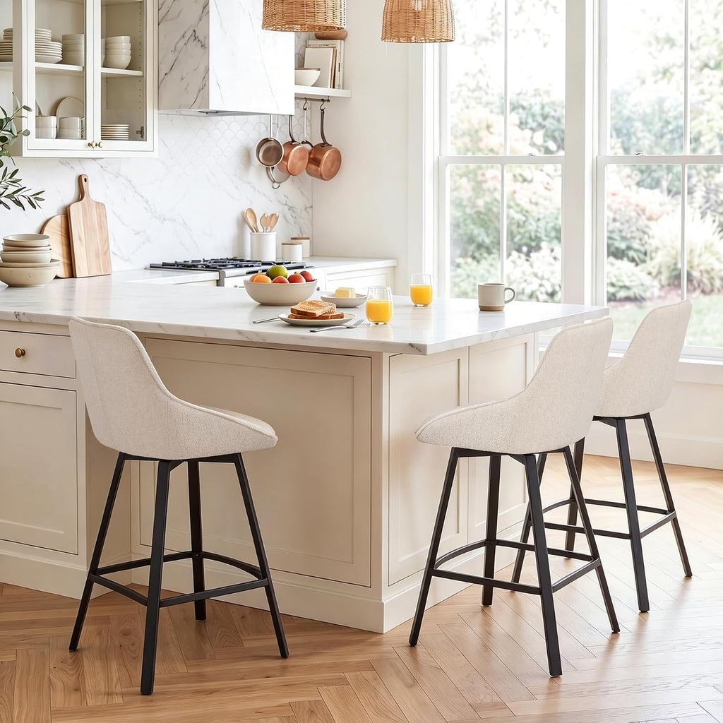 Beige Linen Swivel Bar Stools Set