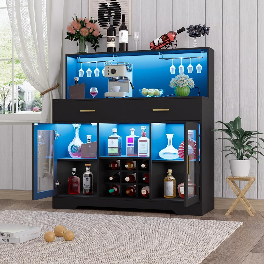 Black LED Power Wine Bar Cabinet