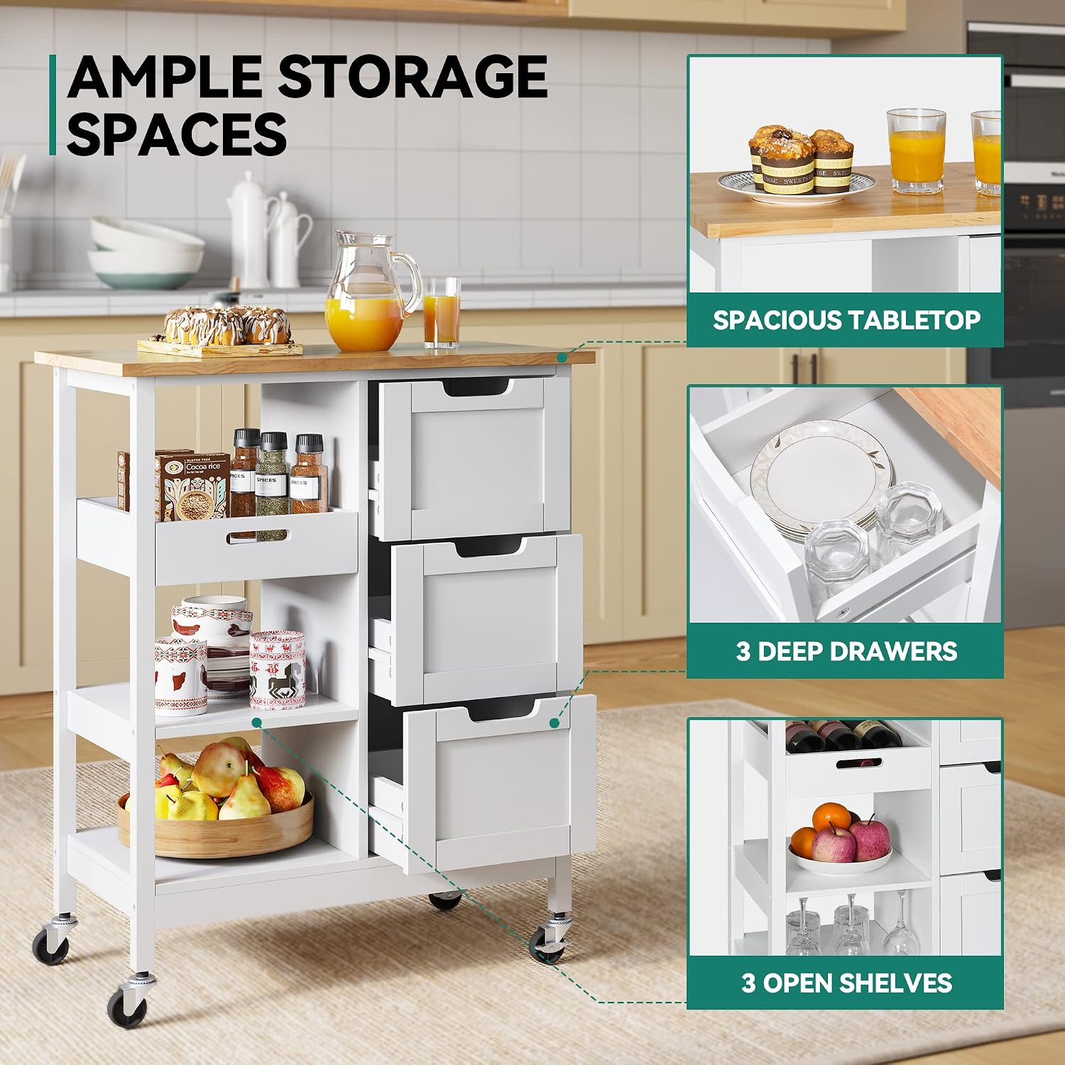 Rolling Wood Kitchen Island Cart Oak White