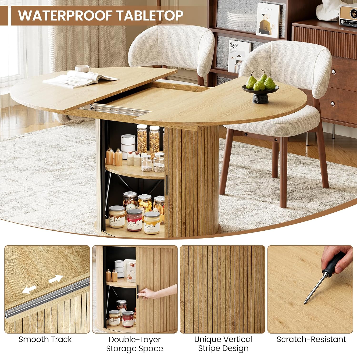 Natural Beige Fluted Extendable Storage Dining Set