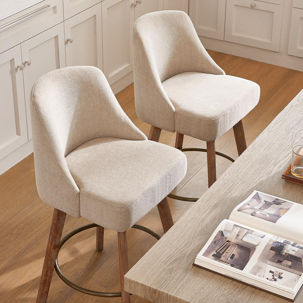 Sand Linen Wood Swivel Bar Stools Set