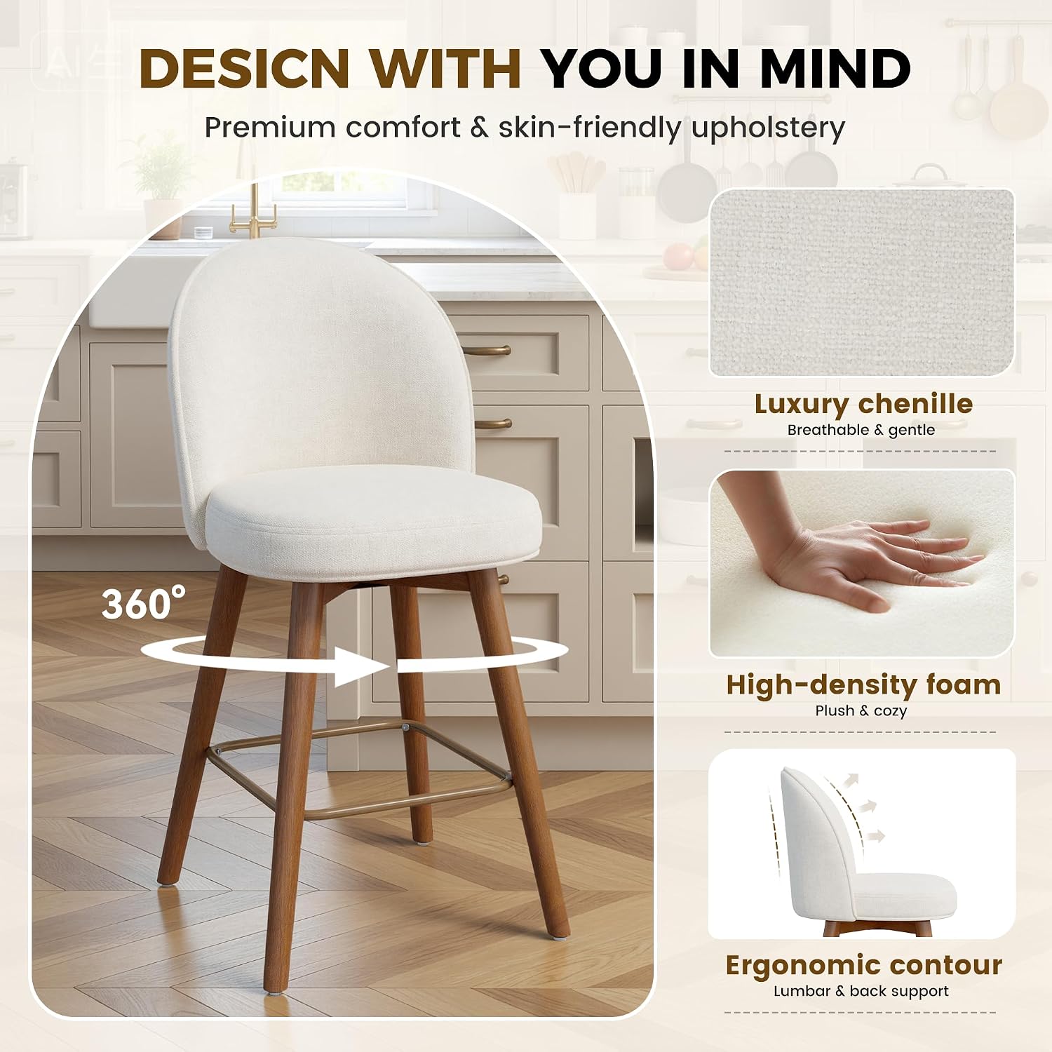 Cream Wood Swivel Bar Stools Set